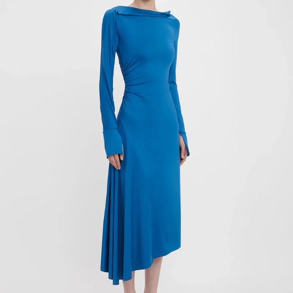 Victoria Beckham Ocean Blue Long Sleeve Draped Jersey Midi Dress - Picture 2 of 5